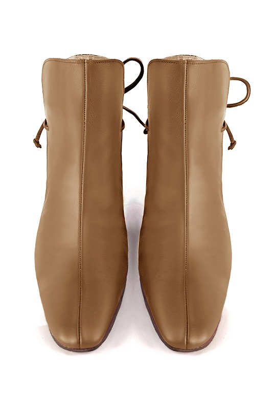 Camel beige women's ankle boots with laces at the back. Square toe. Medium spool heels. Top view - Florence KOOIJMAN